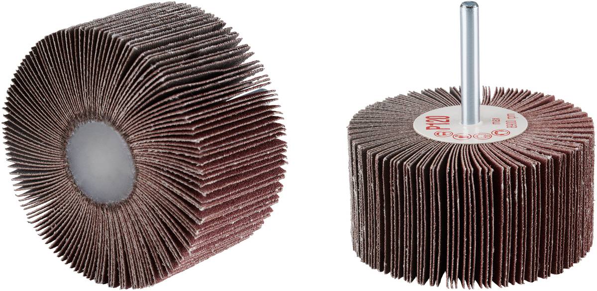 Zwei Schleifaufsätze mit abrasiven Lamellen zur Oberflächenbearbeitung. Links: zylindrische Ansicht von vorn. Rechts: seitliche Ansicht.
