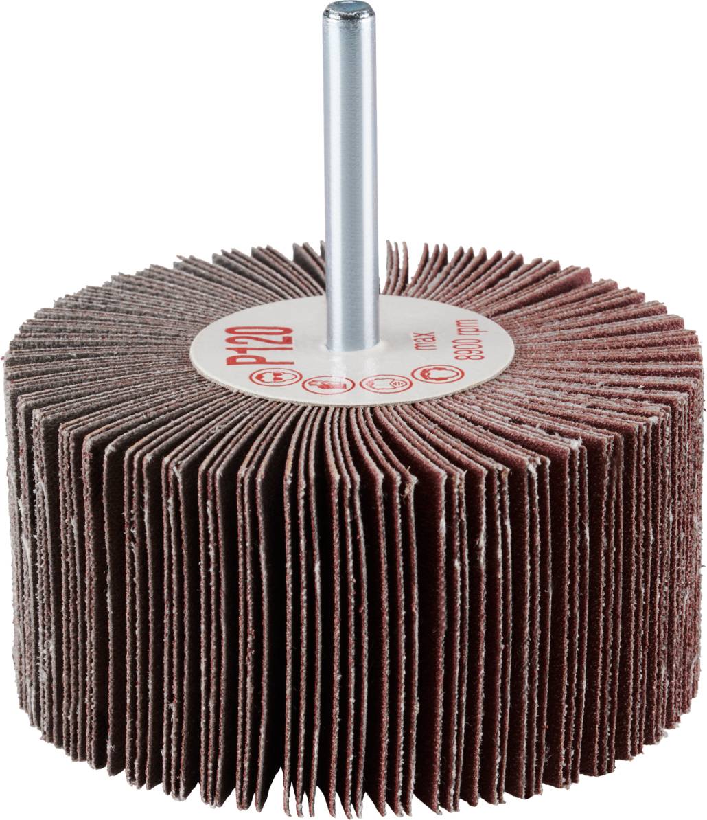 Schleif-Lamellenscheibe mit Stiftaufnahme, rotbraune Lamellen gleichmäßig angeordnet, zur Metallbearbeitung oder Oberflächenveredelung.