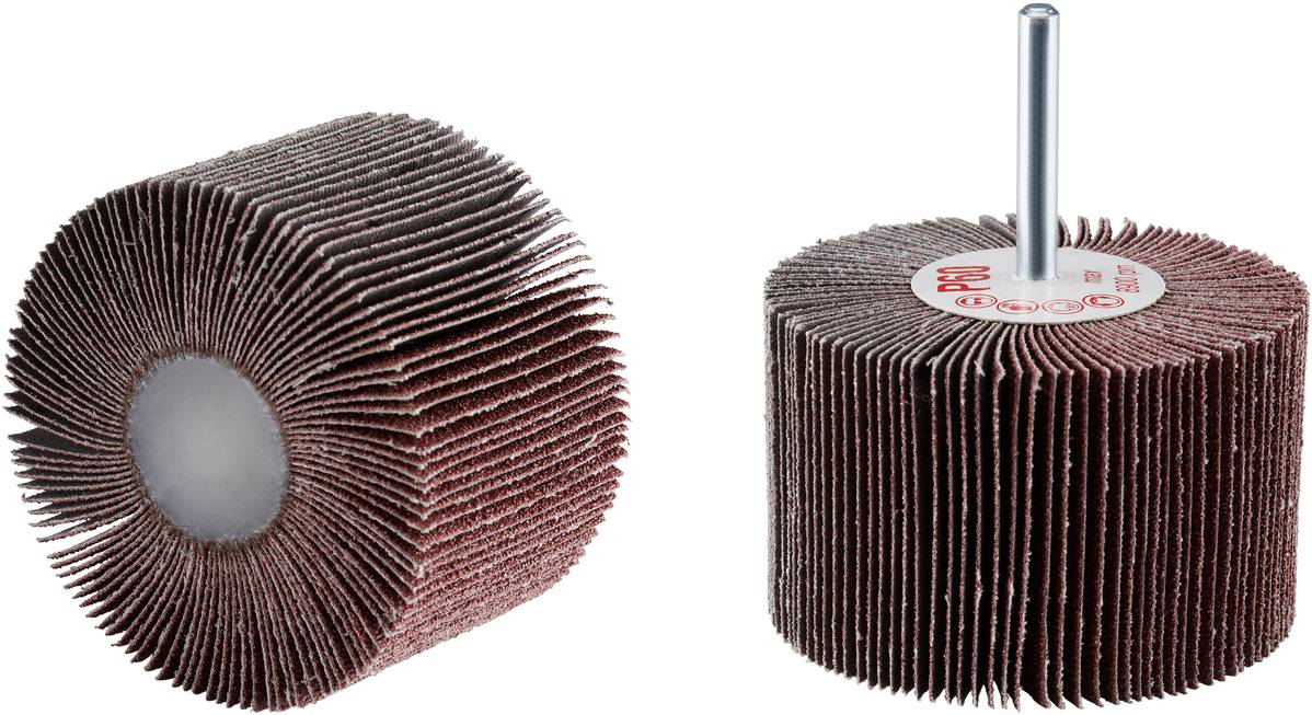 Schleifmop für Bohrmaschine, Zylinderform, fächerförmig angeordnete Lamellen aus Schleifpapier, Metallstift für Befestigung.