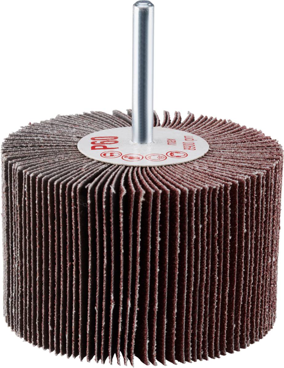 Ein zylindrischer Schleifaufsatz mit radialen Lamellen, montiert auf einem metallischen Schaft, für handgeführte Schleifarbeiten.