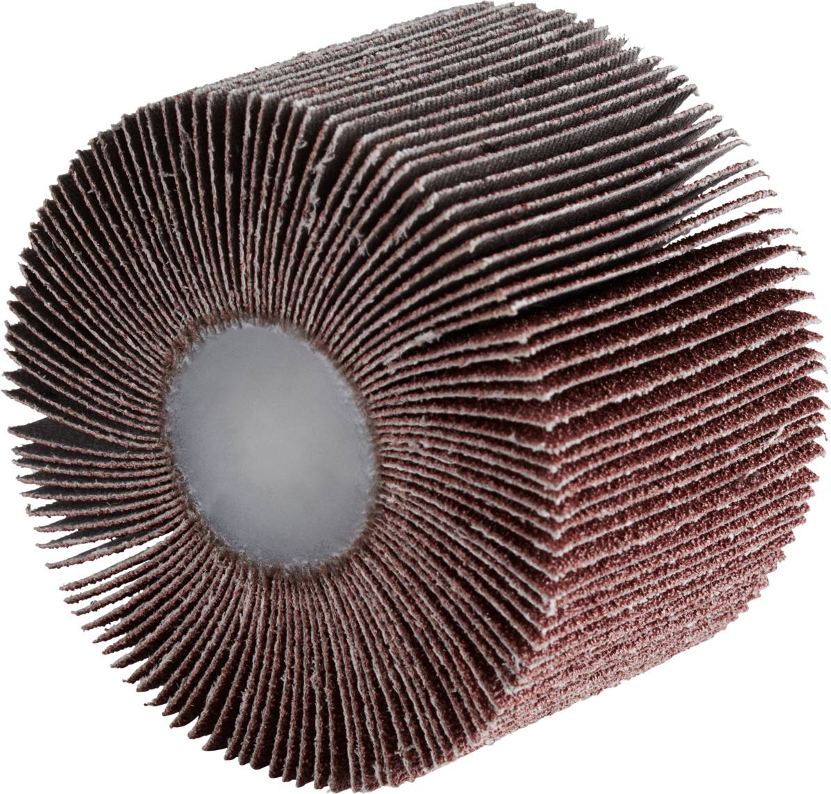 Eine rotbraune Schleifscheibe in Zylinderform mit radial angeordneten Lamellen, geeignet für das Polieren oder Schleifen von Oberflächen.
