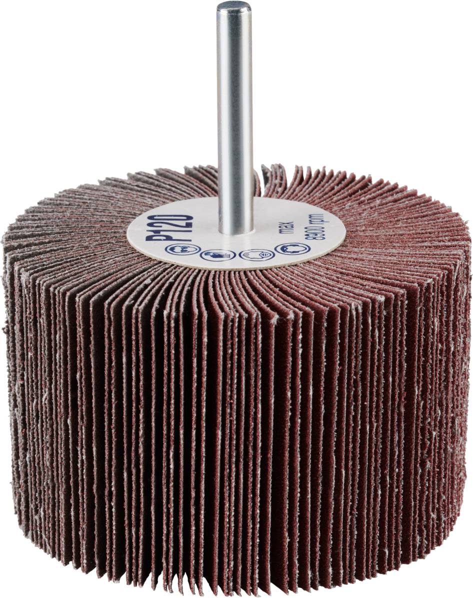 Schleifmop mit radial angeordneten Schleifblättern und Metallstift in der Mitte, verwendet zur Oberflächenbearbeitung.