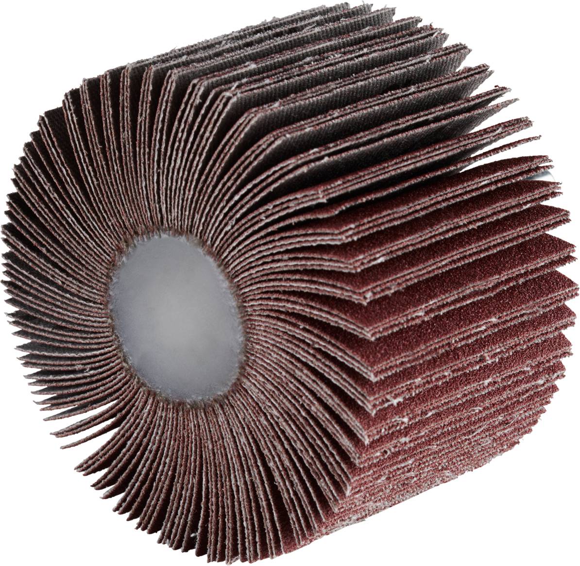Ein Schleifaufsatz aus Lamellenform, zur Oberflächenbearbeitung, mit braun-roten Schleifblättern, geeignet für Metall oder Holz.