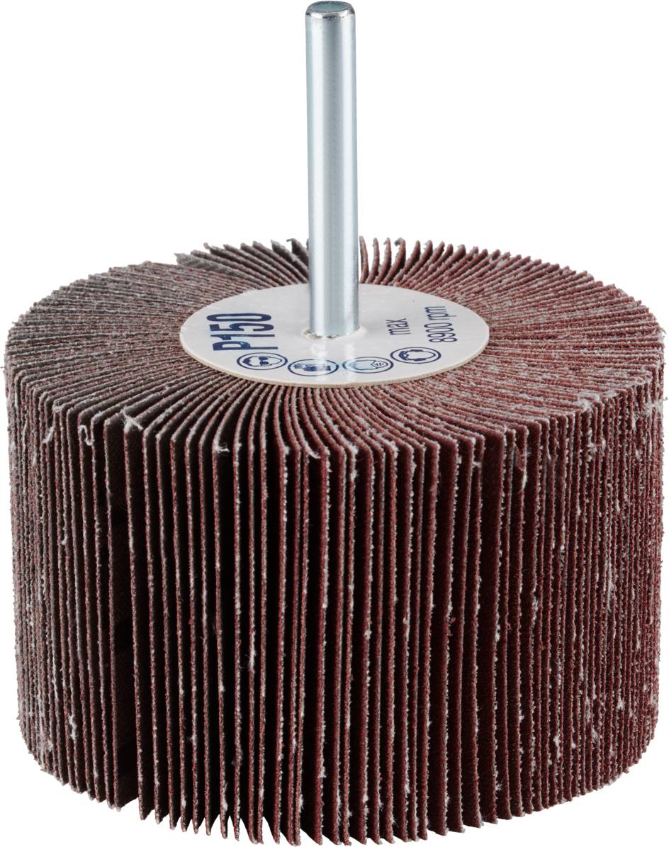 Schleifmop mit Stift in der Mitte, rotbraune Schleifblätter sind rund angeordnet, wird zur Oberflächenbearbeitung verwendet.