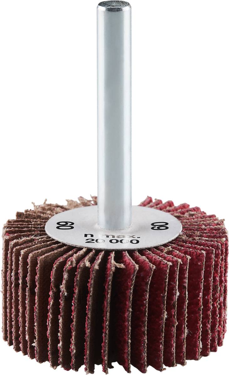 Schleifaufsatz mit rotem Schleifvlies und silberner Halterung, geeignet für Bohrmaschinen, zur Bearbeitung von Oberflächen und Kanten.