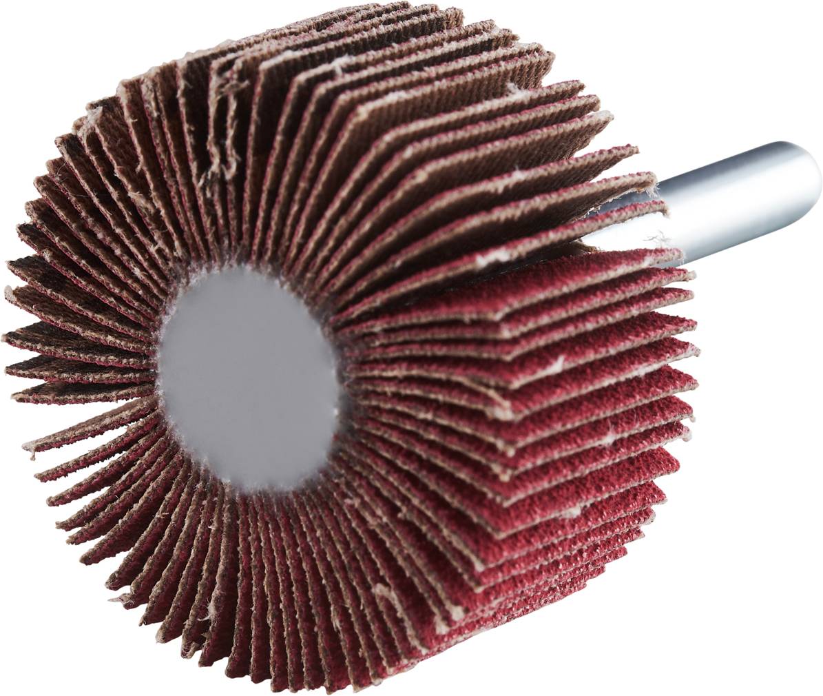 Schleifmop mit runden, roten Schleifblättern und Metallgriff.
