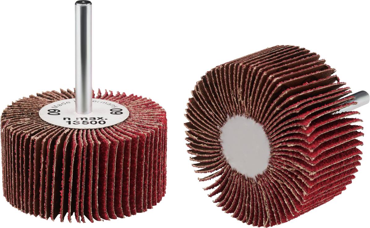 Zwei Schleifmopteller aus Schleifpapier mit Metallstiften, geeignet für Polier- und Schleifarbeiten an Werkzeugmaschinen.