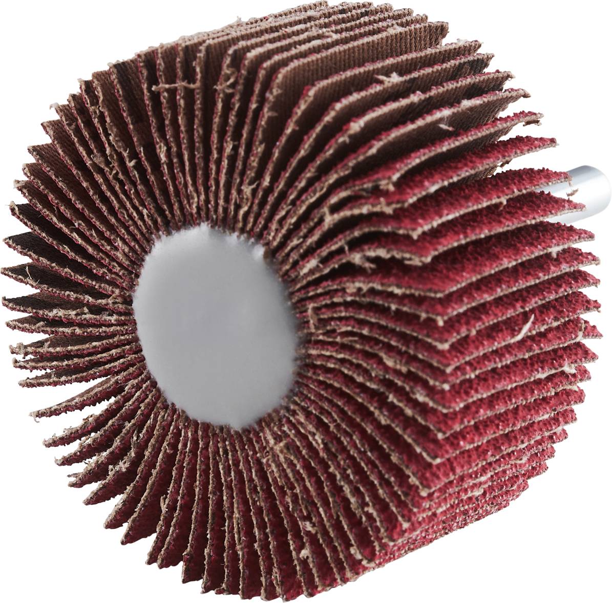 Ein Schleifaufsatz mit roten Lamellen, die kreisförmig um eine Metallachse angeordnet sind, geeignet für verschiedene Schleifarbeiten.