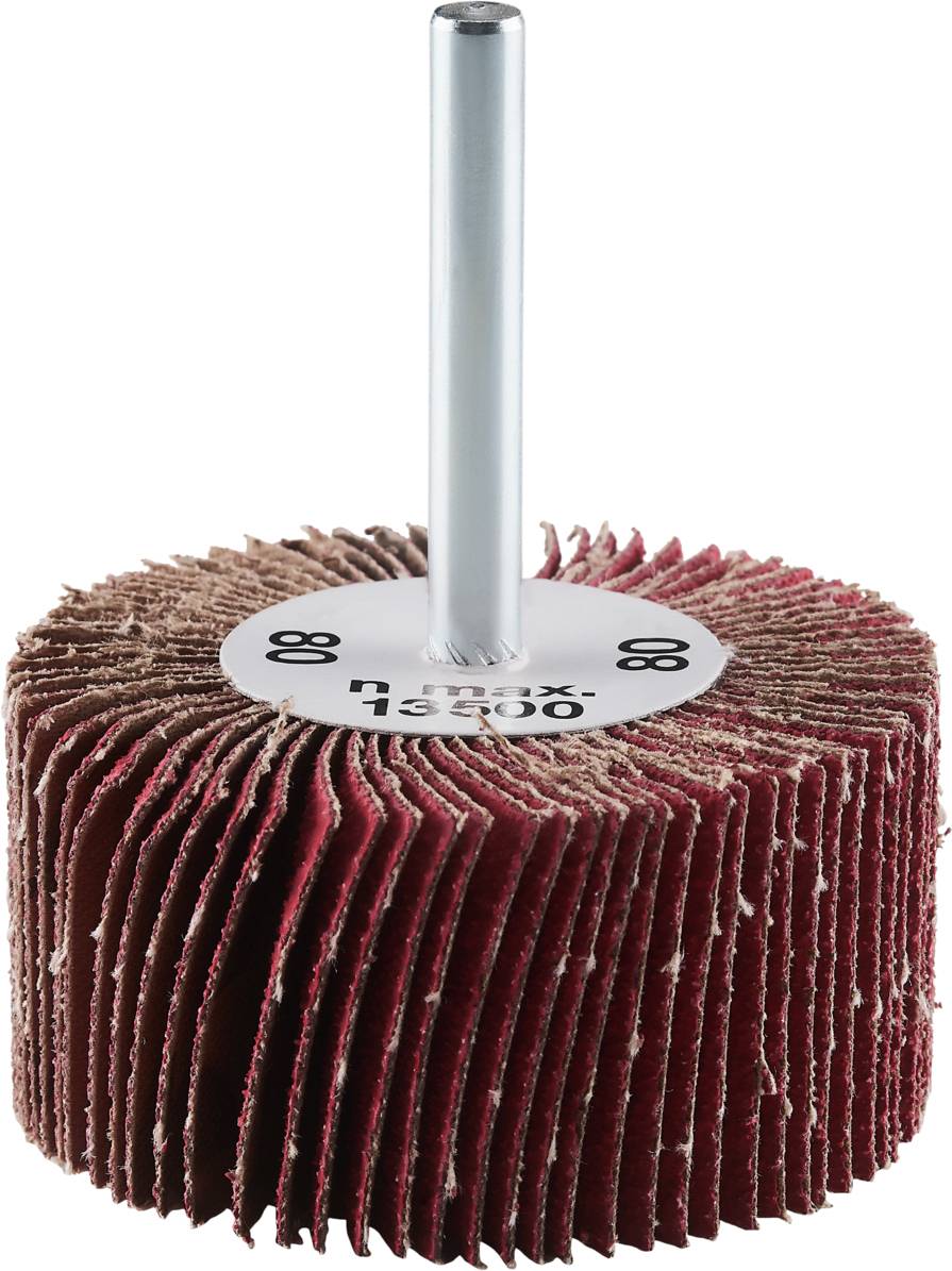 Ein runder Schleifmop mit radial angeordneten Schleifblättern und einem Metallstift für die Befestigung an einer Maschine.