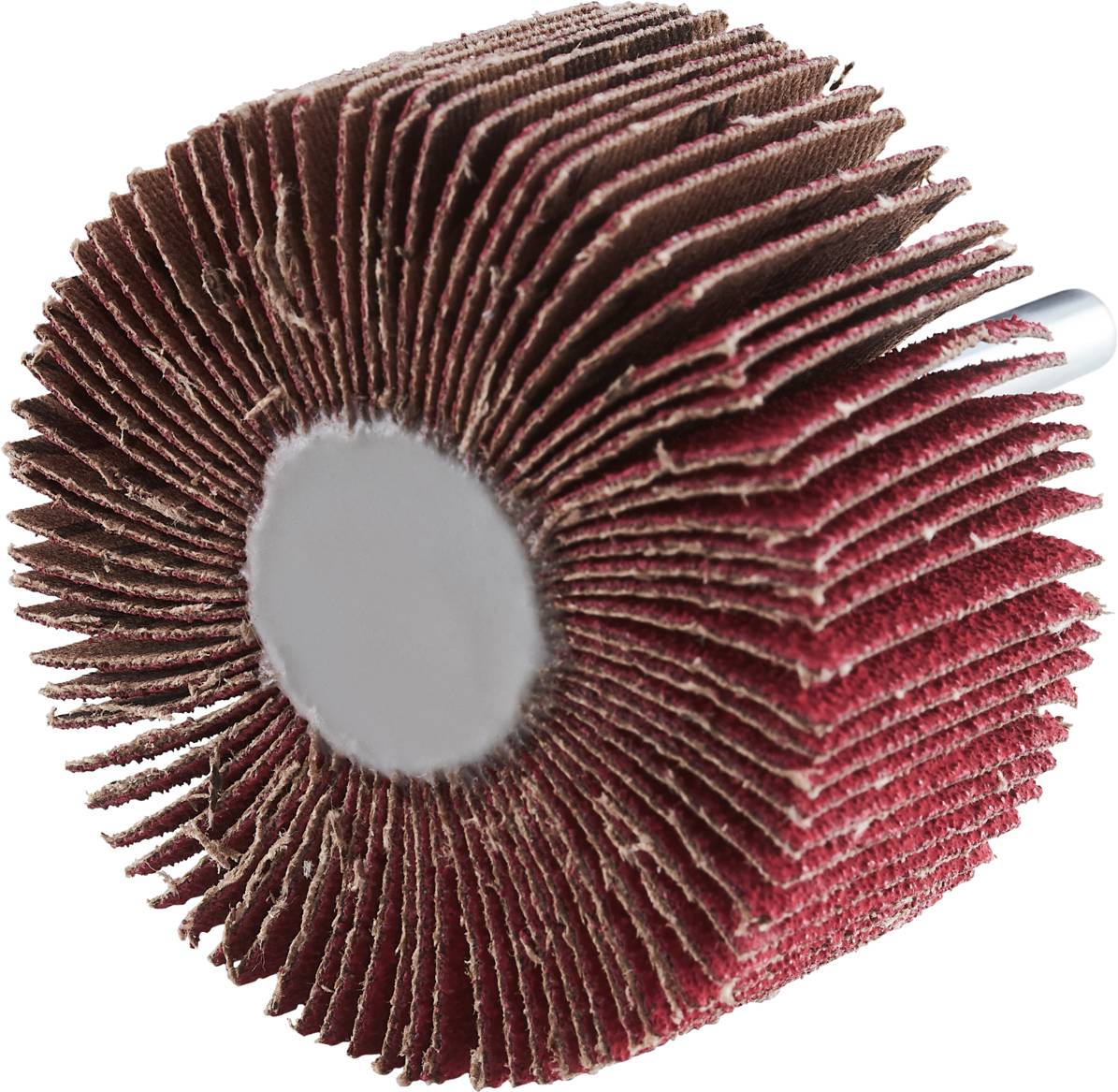 Ein runder Schleifaufsatz mit roten, radial angeordneten Lamellen, der auf einer Metallspindel montiert ist. Geeignet für Oberflächenbearbeitung.