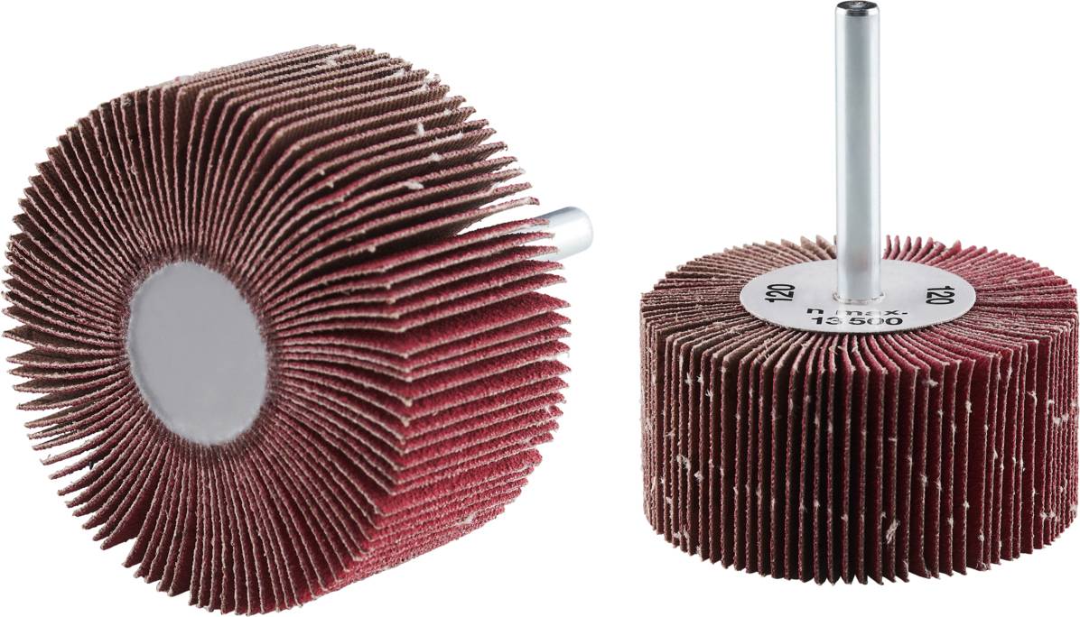 Zwei Schleifmop-Räder mit rotem Schleifpapier und je einem Metallstift in der Mitte, die für Schleifarbeiten verwendet werden.