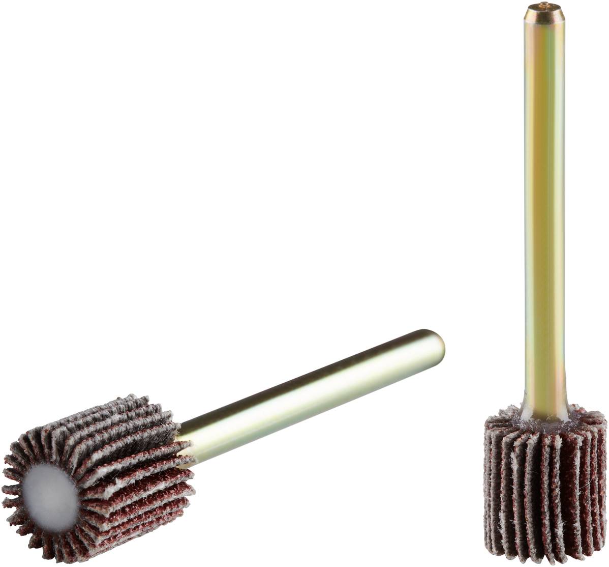 Zwei Schleifwerkzeuge mit rotbraunen Lamellen und einem gelben Griff, einmal horizontal liegend, einmal vertikal stehend.