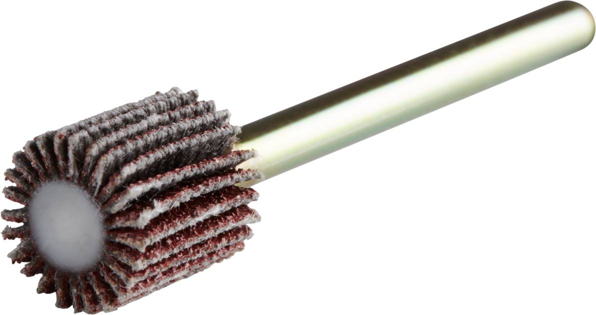 Ein rotierender Schleifkopf mit Lamellen aus Schleifpapier an einem metallischen Schaft, vermutlich zur Oberflächenbearbeitung.