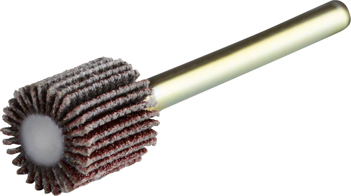 Rundbürste mit abrasiven Lamellen und Metallgriff, verwendet für das Polieren oder Schleifen von Materialien.