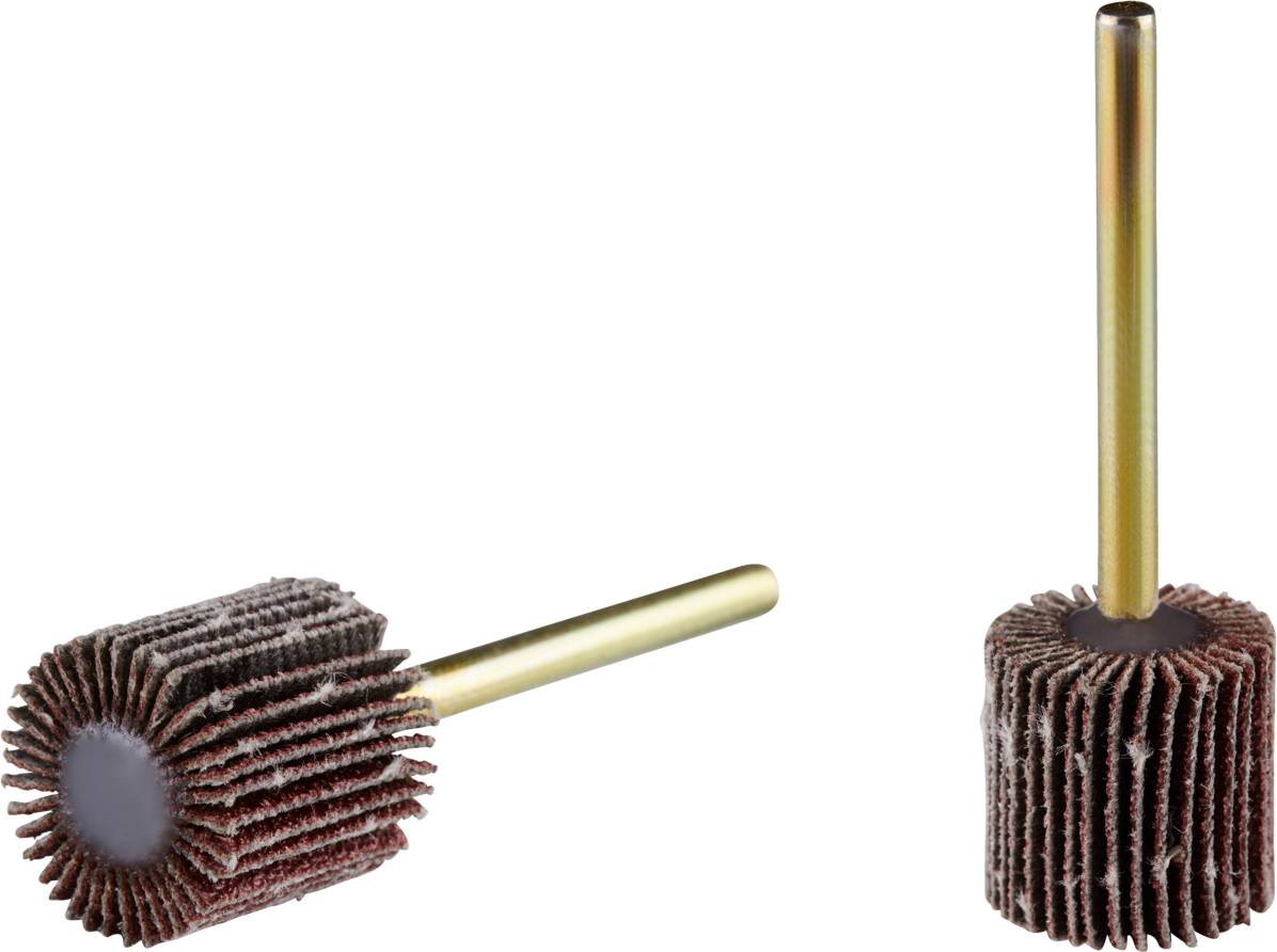 Zwei Schleifwalzen mit Schleiflamellen und Metallstab, unterschiedlich positioniert. Einsatz in der Metall- oder Holzbearbeitung.
