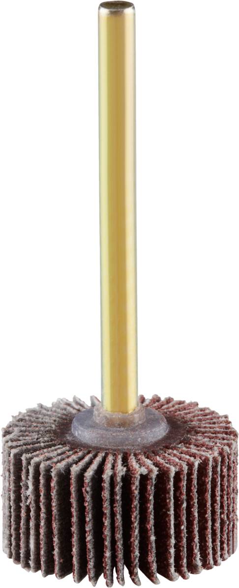 Schleifmop mit Zylinderschaft und Schleifblättern aus rotem Material, verwendet für das Schleifen und Polieren kleiner Oberflächen.