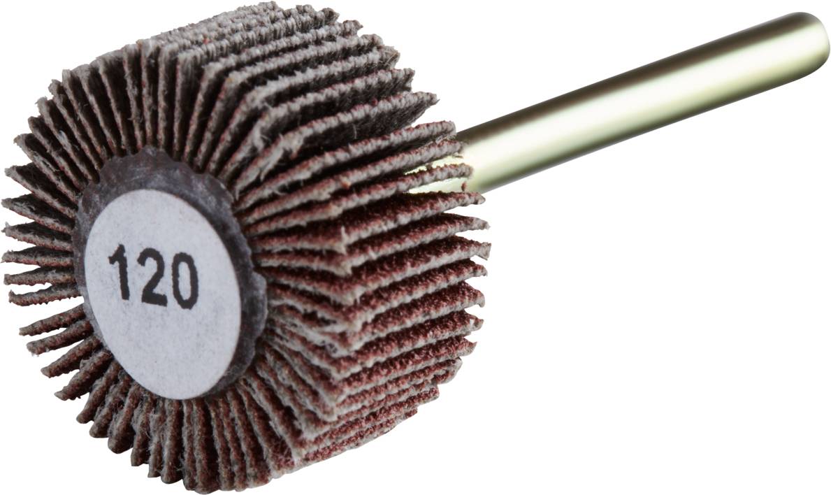 Schleifkopf mit Körnung 120, geeignet für präzises Glätten von Oberflächen. Er hat Lamellen, die gleichmäßig angeordnet sind.