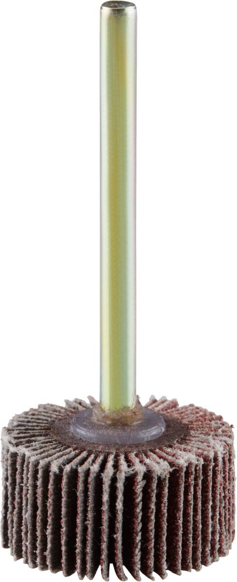 Schleiflamellenrad mit rotbraunen Lamellen und metallischem Stiel, verwendet für Oberflächenbearbeitung und Polieren.