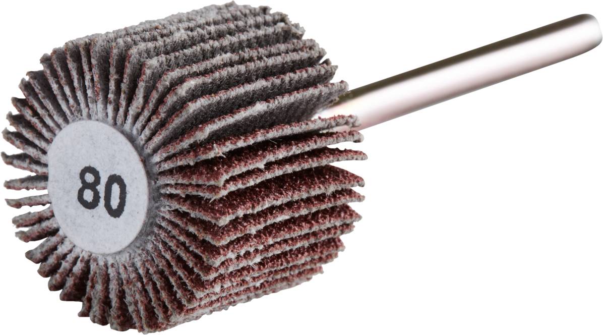 Schleifaufsatz mit Körnung 80, geeignet für Feinarbeiten. Kegelförmige Struktur aus Schleifpapierblättern auf einem Metallstift.