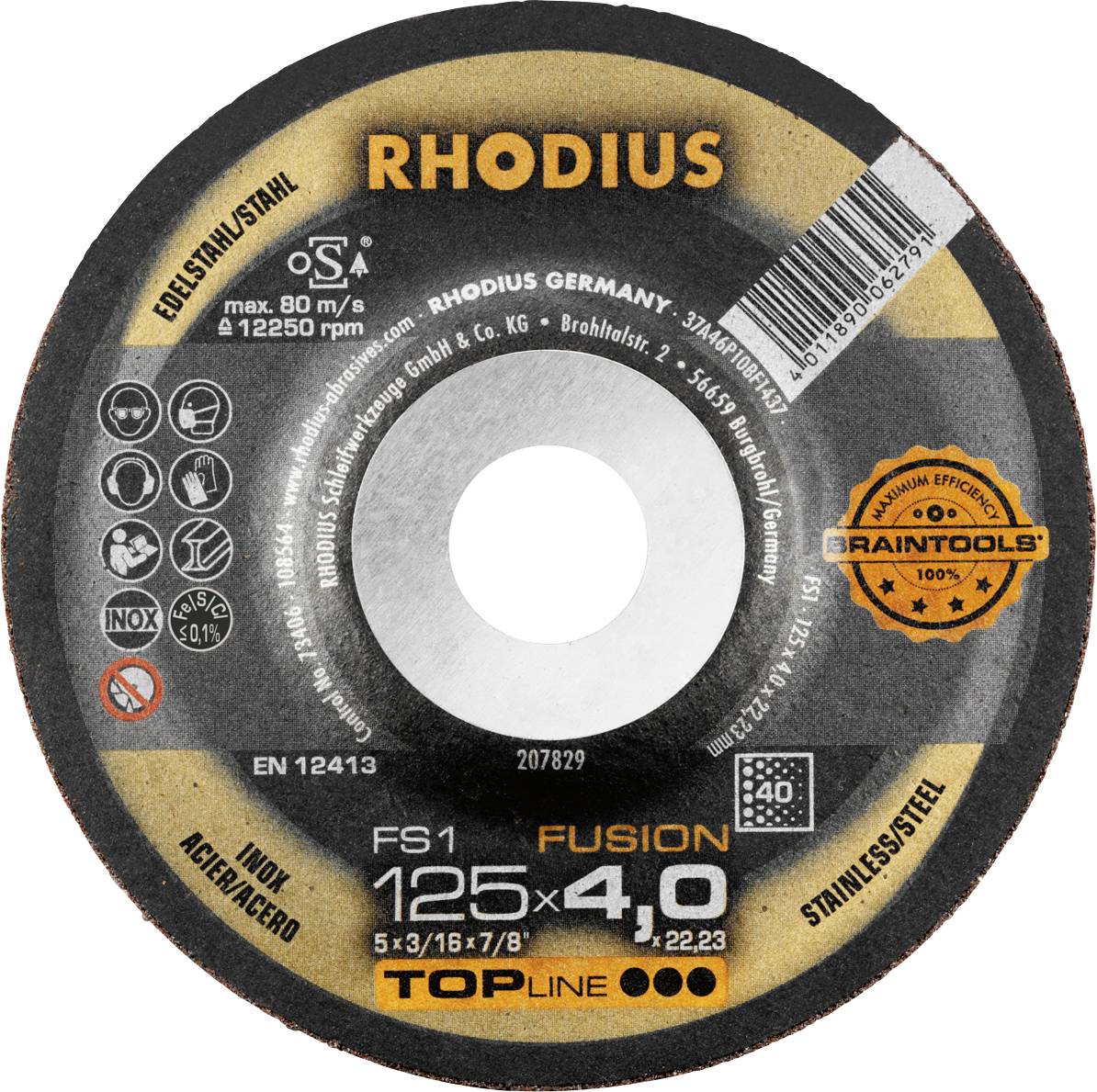 Schleifscheibe 'RHODIUS' für Edelstahl, Ø 125 mm x 4,0 mm. Markierungen: EN 12413, max. 80 m/s, für Edelstahl, Topline, mehrsprachige Hinweise.