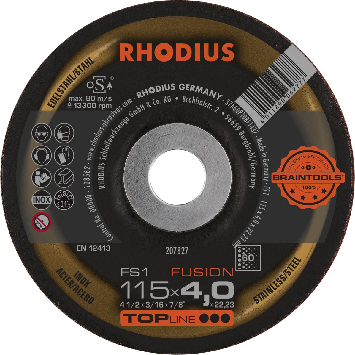 Schleifscheibe mit Text 'RHODIUS', durchmesser 115mm, für Edelstahl. Enthält Sicherheitssymbole und Herstellerinformationen.