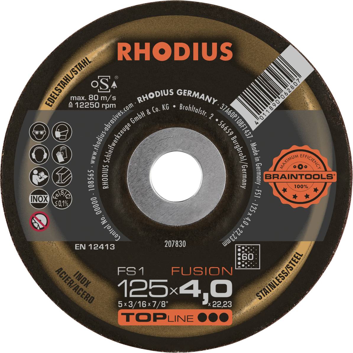 Schleifscheibe von Rhodius, Modell FS1 125x4,0 mm, geeignet für Edelstahlbearbeitung. Maximale Drehzahl 12250 U/min.