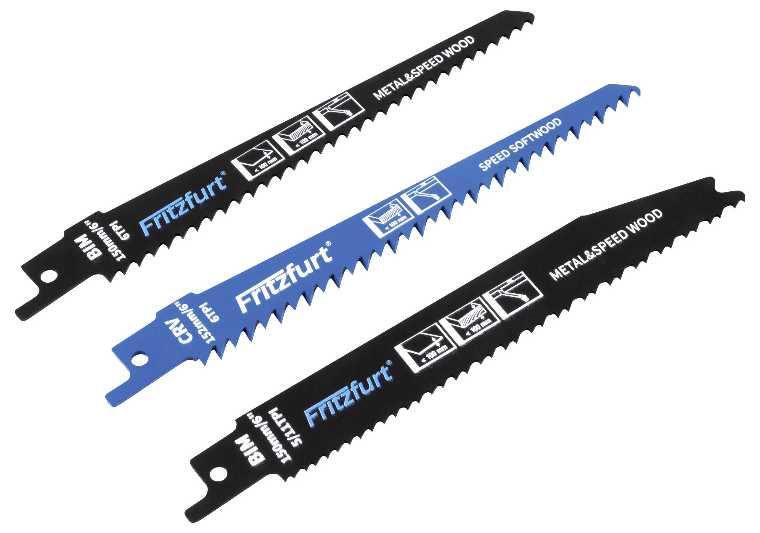 Ein Set aus drei Sägeblättern zum Schneiden von Metall und Holz, mit unterschiedlichen Zahndesigns und Farben.