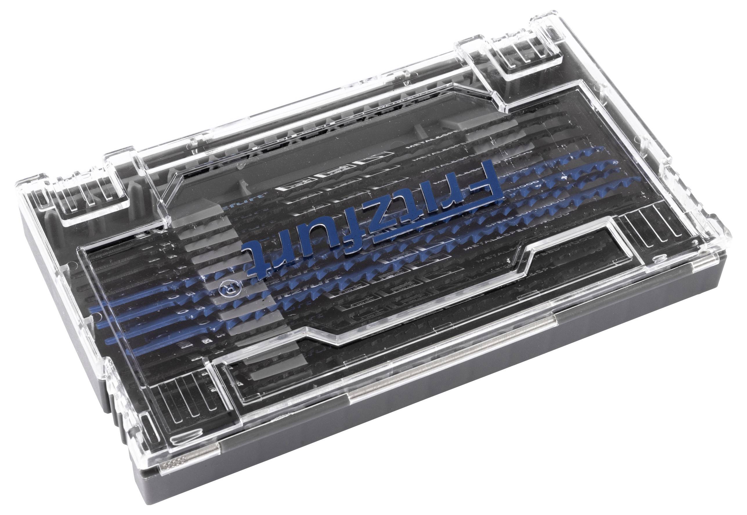 Eine transparente Plastikbox mit einem blauen Logo, die verschiedene Reihen schwarzer Sicherungen enthält.