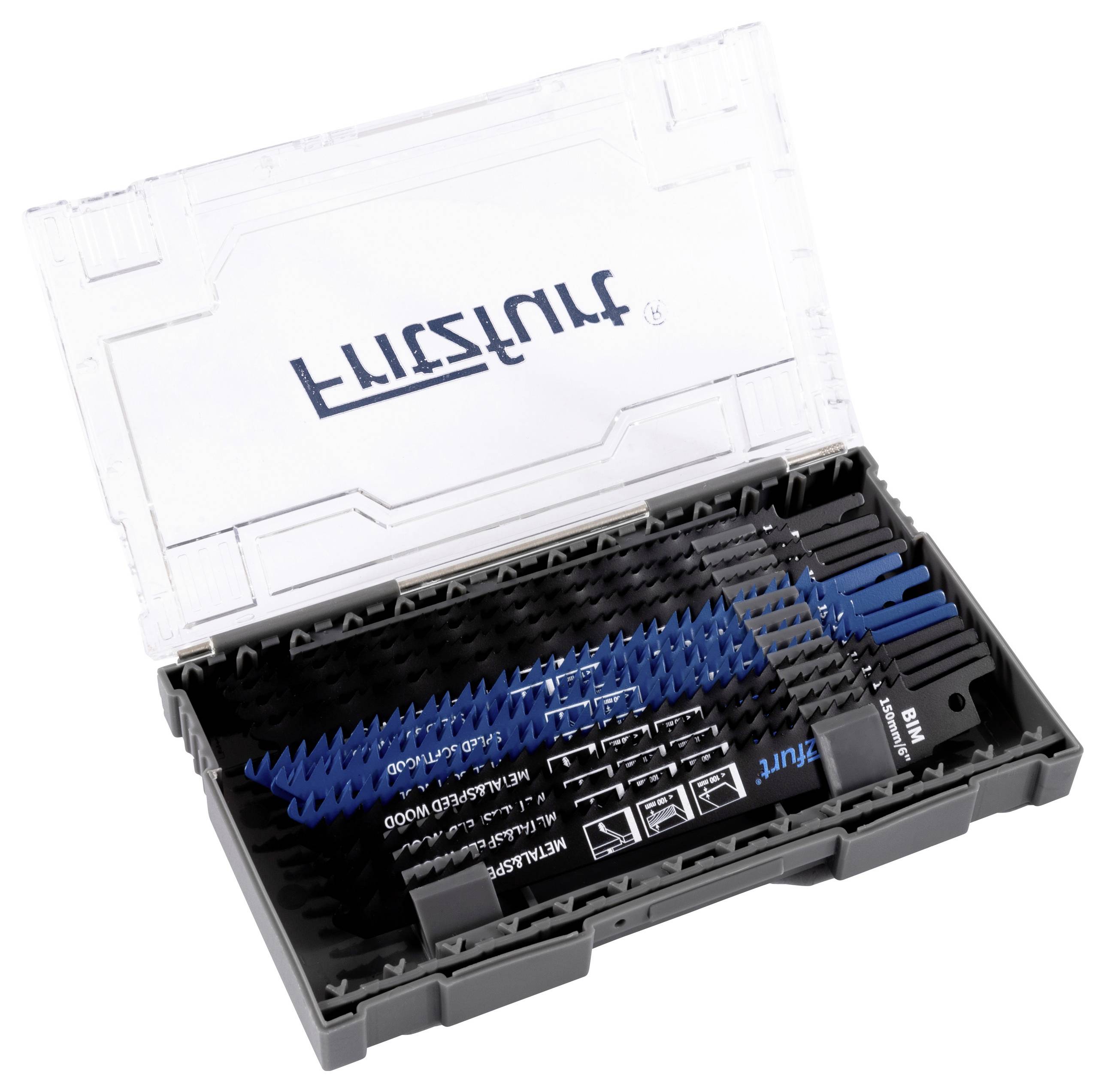Eine transparente Kunststoffbox, die verschiedene blaue und schwarze Sägeblätter in Abschnitten enthält, mit Beschriftungen für eine einfache Auswahl und Verwendung.
