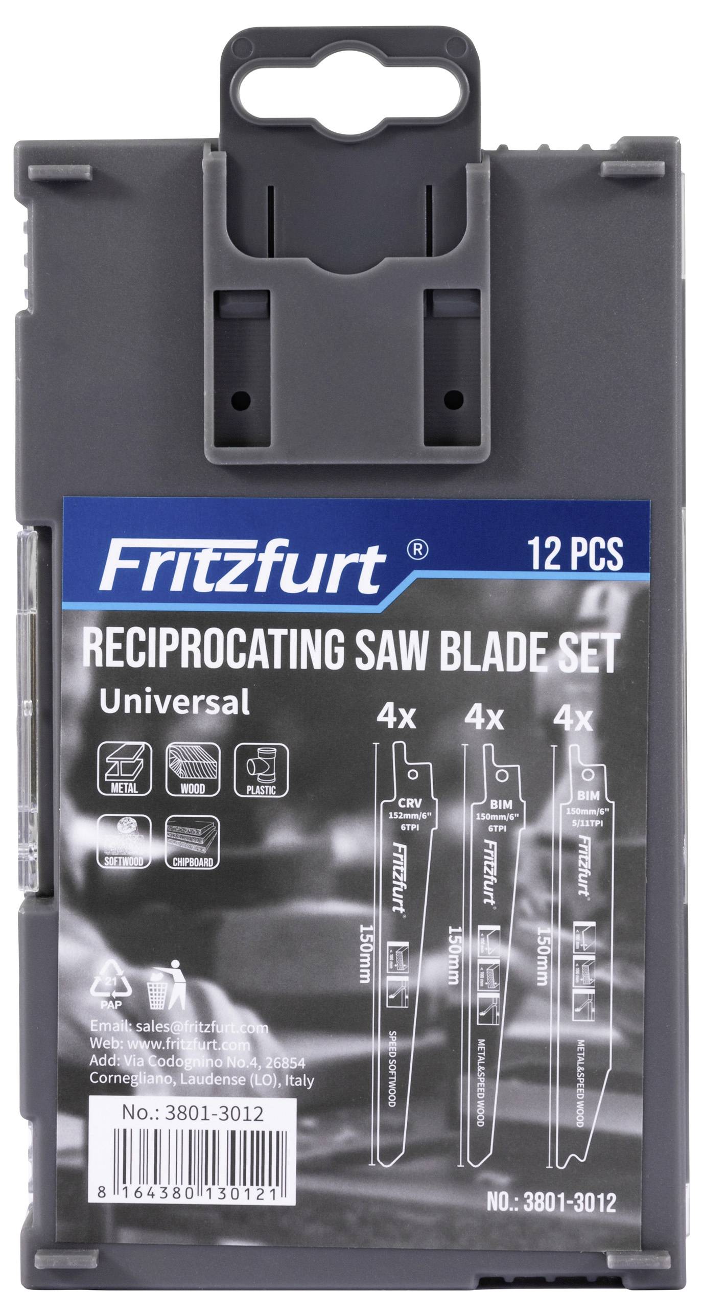 Säbelsägeblatt-Set-Verpackung zeigt Markenname 'Fritzfurt', enthält 12 Stück mit drei Blatttypen für verschiedene Materialien.