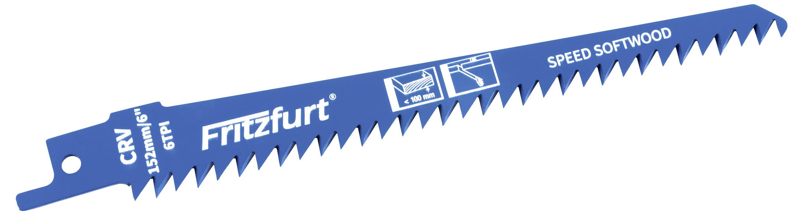 Eine blaue Säbelsägeblatt mit der Aufschrift 'Fritzfurt' mit 'CRV', '152mm/6'', und '6TPI'. Markiert mit 'SPEED SOFTWOOD' für effizientes Holzschneiden.