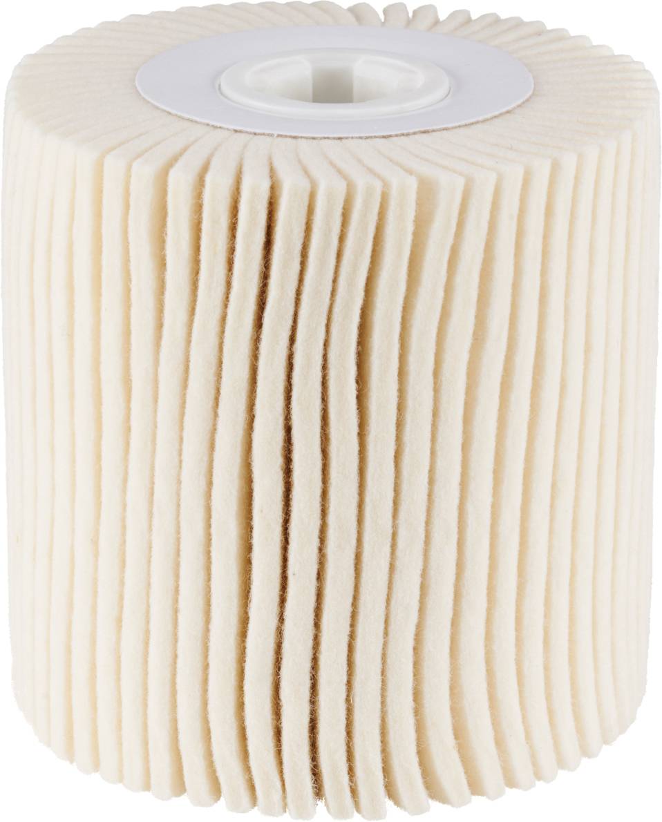 Ein blassbrauner zylindrischer Luftfilter mit weißen Kunststoffkanten und gleichmäßig gefalteter Oberfläche. Geeignet zur Filtration.