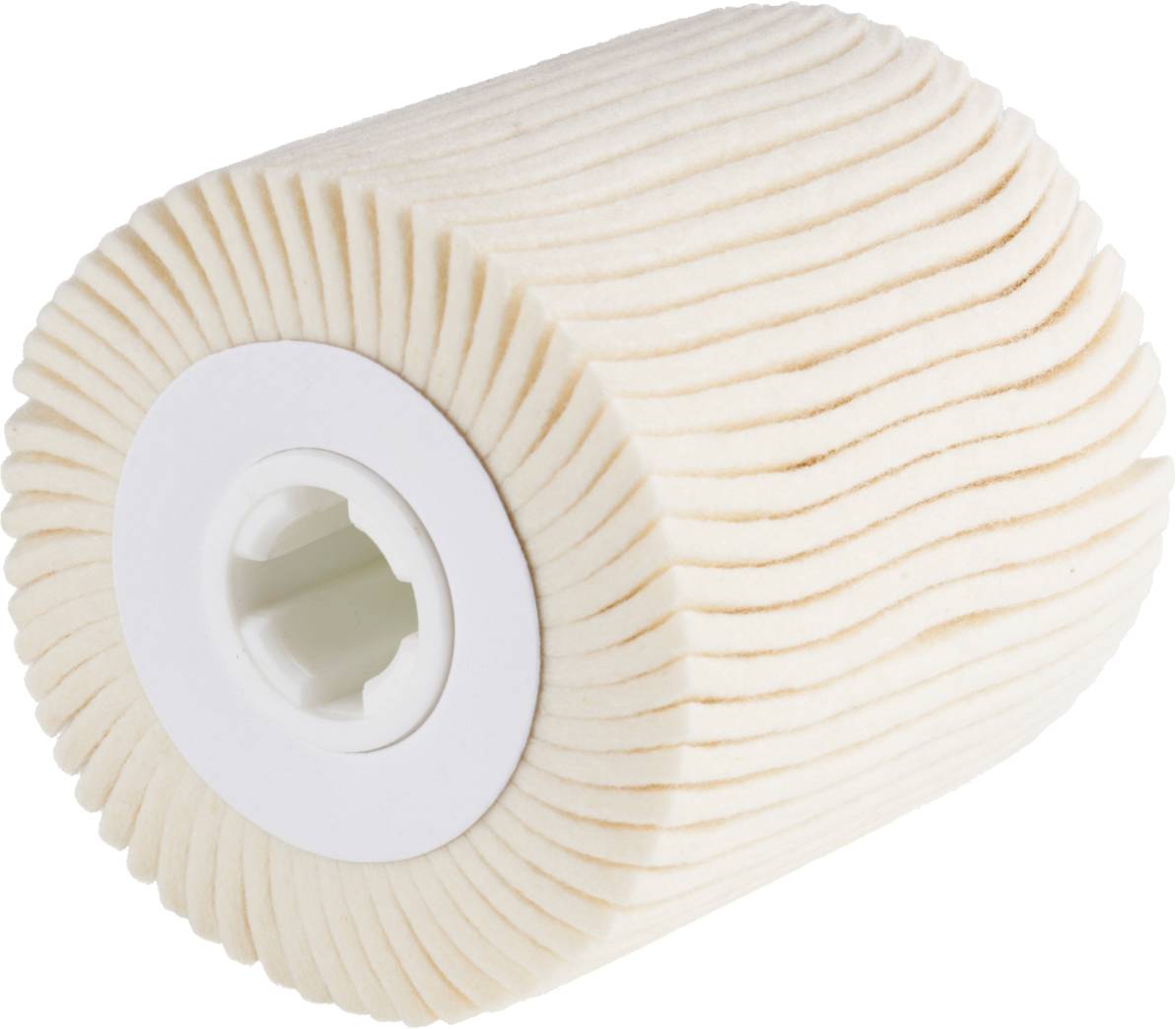 Ein zylinderförmiger, weißer Filter aus geripptem Material mit einem zentralen Loch, geeignet für Geräte zur Wasserfiltration.