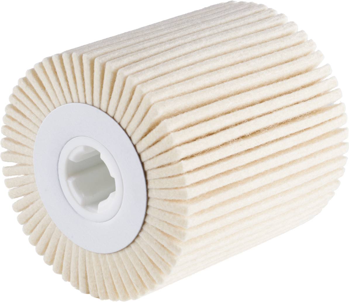 Ein zylindrischer Filter mit gefaltetem Papier für Wasser- oder Luftreinigung, seitliche Ansicht, Fokus auf die Radialfalten.