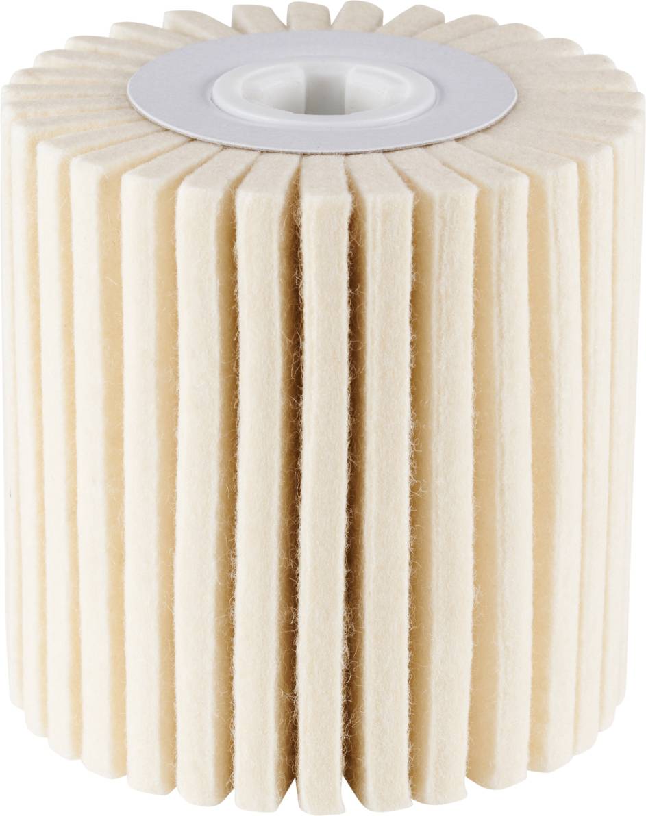 Ein beiger, zylindrischer Filter mit gefaltetem Design und weißem Rand, vermutlich für Luft- oder Flüssigkeitsreinigung.