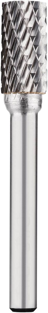 Silberner Frässtift mit einem zylindrischen, strukturierten Schneidkopf, geeignet für Metallbearbeitung und Präzisionsarbeiten.