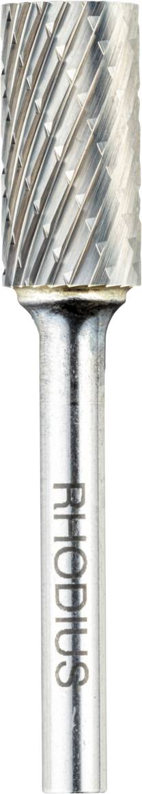 Ein zylindrischer Fräser mit rautenförmiger Zahnung auf dem Kopf, der Name 'RHODIUS' auf dem Schaft eingraviert. Geeignet für Metallbearbeitung.