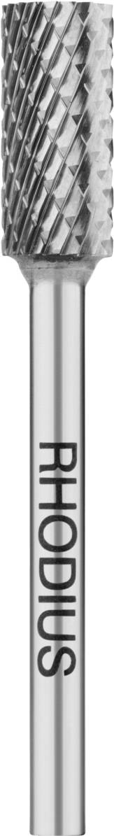 Silberfräser mit der Aufschrift 'RHODIUS', zylindrische Form und strukturierter Kopf, geeignet für Metallbearbeitung.