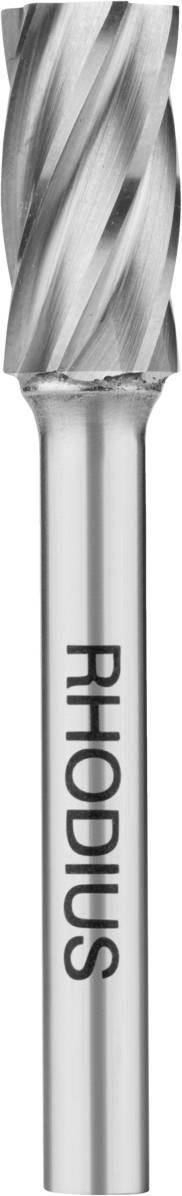 Ein zylindrischer Stabschneider mit spiraligem Schneidmuster und der Markenaufschrift 'RHODIUS' entlang des Schafts.