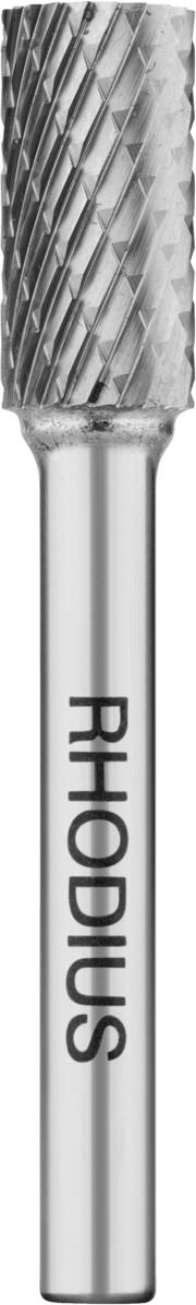 Frässtift mit zylindrischer Form und rhombischen Schneiden aus Stahl, Aufschrift 'RHODIUS' entlang des Schafts. Geeignet für Metallbearbeitung.