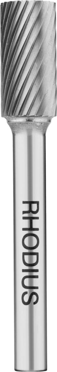 'Zylindrische Frässtift mit Nut, graviert mit 'RHODIUS'. Geeignet zur Bearbeitung von Metallen. Glatte, silberne Oberfläche.'