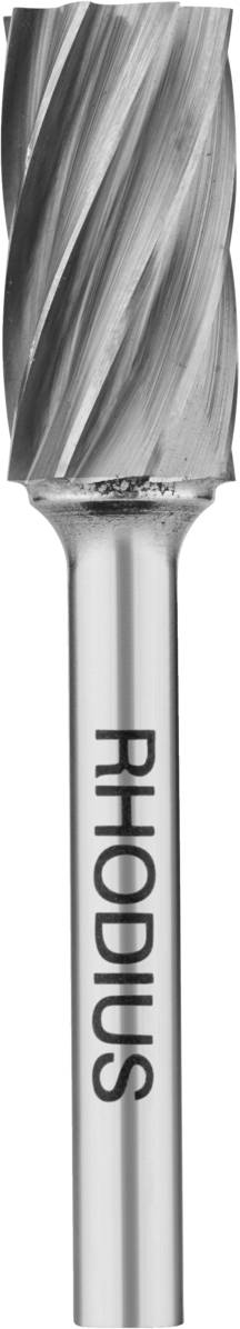 Bild eines zylindrischen Frässtifts mit spiraliger Schneide und der Aufschrift 'Rhodius' auf dem Schaft, vor weißem Hintergrund.