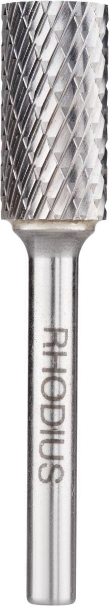 Ein zylindrischer Silberfräser mit abgeschrägter Spitze. Der Schaft trägt die Gravur 'RHODIUS'. Geeignet für Metallbearbeitung.