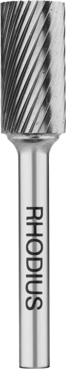 Schleifwerkzeug aus Metall mit spiralförmigen Rillen und langem Schaft, auf dem 'RHODIUS' steht. Eignet sich zum Fräsen.