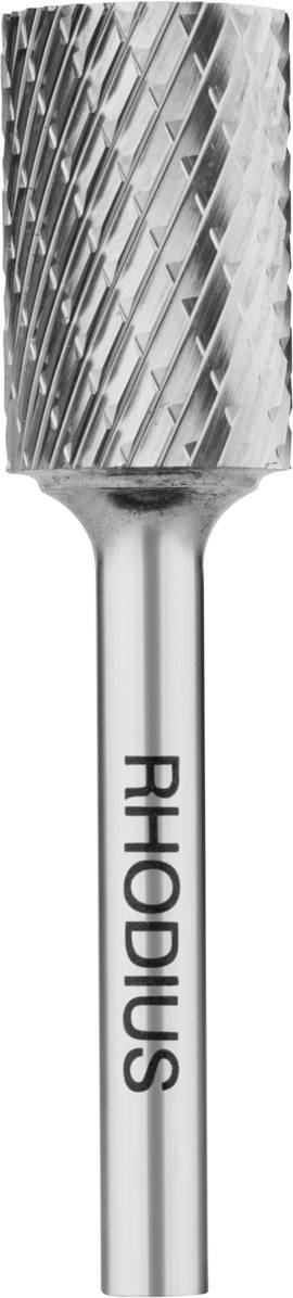Metallschleifstift mit zylindrischem Kopf und Kreuzhieb-Muster. Markenname 'RHODIUS' auf dem Schaft aufgedruckt. Werkzeug zur Materialbearbeitung.