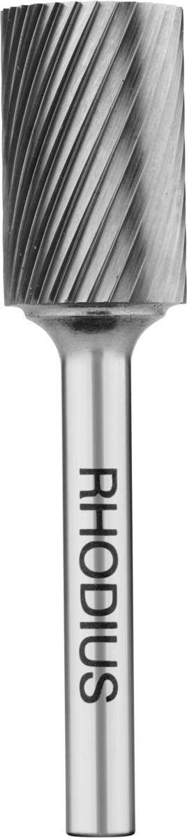 Zylindrisches Frässtift-Werkzeug mit Spiralverzahnung, silberfarbig aus Metall, Marke 'RHODIUS'. Verwendet für Metallbearbeitung.