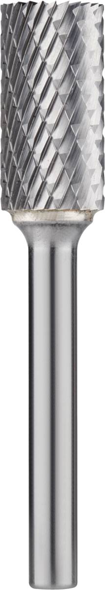 Ein Fräser mit zylindrischem Schaft und einem geriffelten Schneidkopf für Metallbearbeitung. Hauptsächlich aus glänzendem Metall gefertigt.