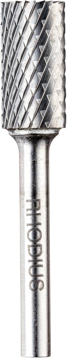 Ein metallischer Fräser mit zylindrischem Kopf und rhombusförmigem Muster, beschriftet mit 'RHOMBUS' auf dem Schaft.