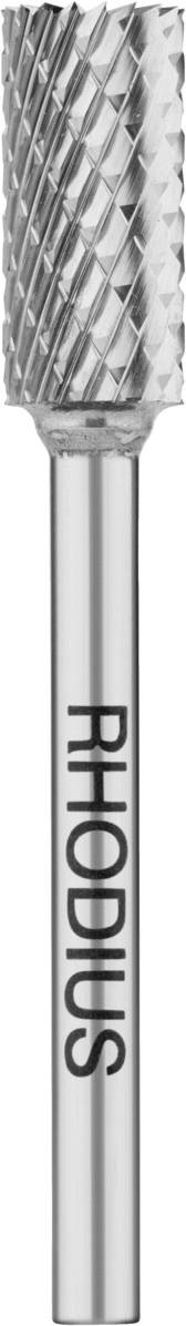Ein zylindrischer Frässtift aus Metall mit gerändelter Oberfläche und der Aufschrift 'RHODIUS'.