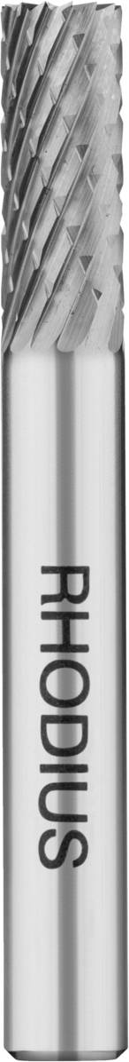Zylinderförmiger Frässtift mit Kreuzverzahnung, Metalloberfläche glänzend, Beschriftung 'RHODIUS'. Verwendet für präzise Metallbearbeitung.